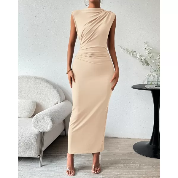 BTFBM Womens Ruched Bodycon Dress Summer Casual Sleeveless Back Slit Elegant Club Evening Party Cocktail Maxi DressesSolid Beige