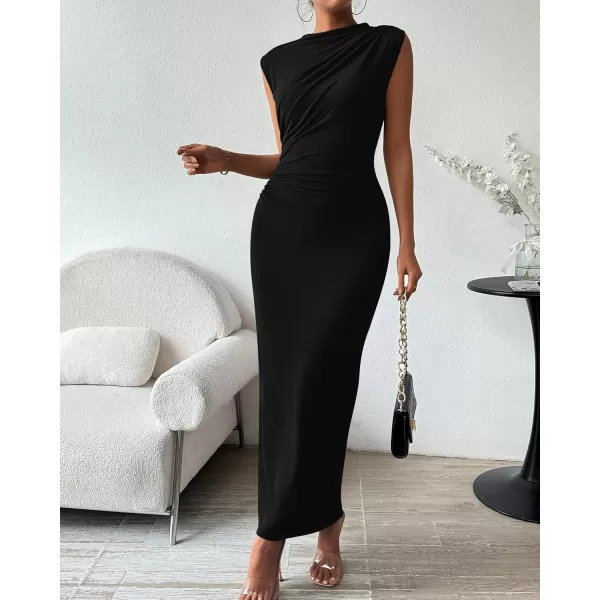BTFBM Womens Ruched Bodycon Dress Summer Casual Sleeveless Back Slit Elegant Club Evening Party Cocktail Maxi DressesSolid Black
