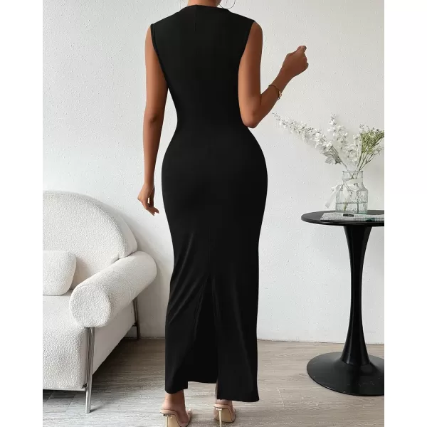 BTFBM Womens Ruched Bodycon Dress Summer Casual Sleeveless Back Slit Elegant Club Evening Party Cocktail Maxi DressesSolid Black