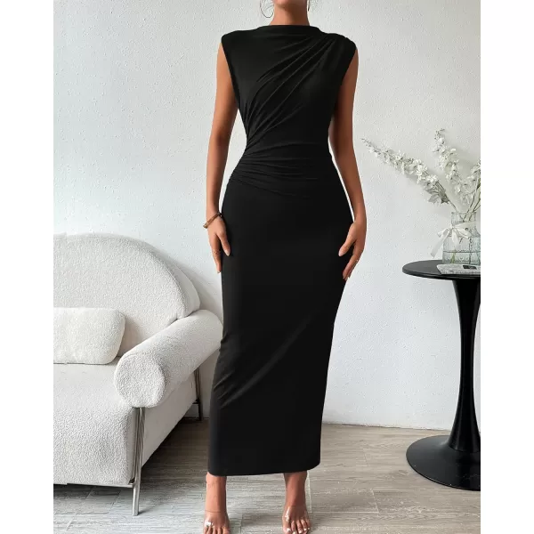 BTFBM Womens Ruched Bodycon Dress Summer Casual Sleeveless Back Slit Elegant Club Evening Party Cocktail Maxi DressesSolid Black