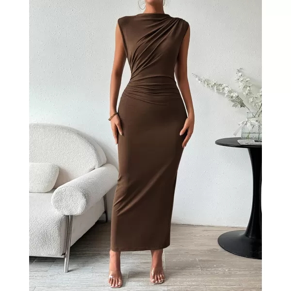 BTFBM Womens Ruched Bodycon Dress Summer Casual Sleeveless Back Slit Elegant Club Evening Party Cocktail Maxi DressesSolid Coffee