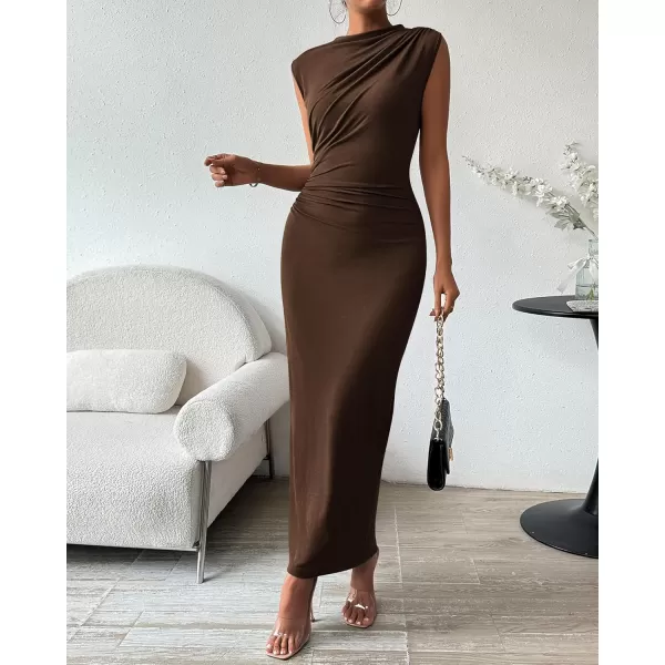 BTFBM Womens Ruched Bodycon Dress Summer Casual Sleeveless Back Slit Elegant Club Evening Party Cocktail Maxi DressesSolid Coffee