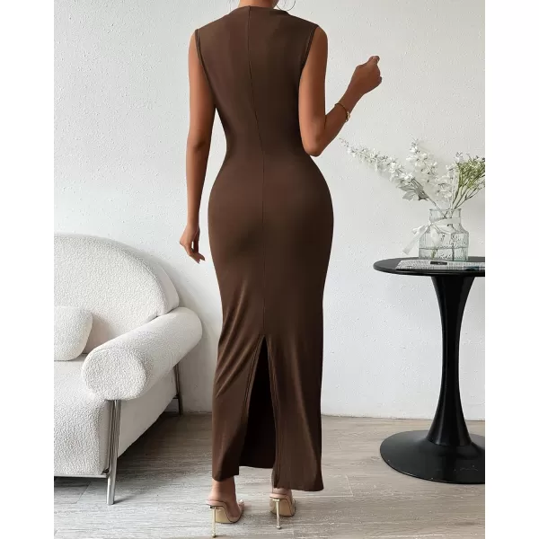 BTFBM Womens Ruched Bodycon Dress Summer Casual Sleeveless Back Slit Elegant Club Evening Party Cocktail Maxi DressesSolid Coffee