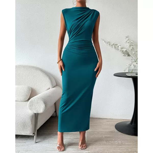 BTFBM Womens Ruched Bodycon Dress Summer Casual Sleeveless Back Slit Elegant Club Evening Party Cocktail Maxi DressesSolid Dark Blue