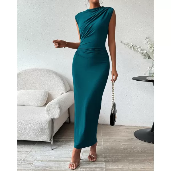 BTFBM Womens Ruched Bodycon Dress Summer Casual Sleeveless Back Slit Elegant Club Evening Party Cocktail Maxi DressesSolid Dark Blue