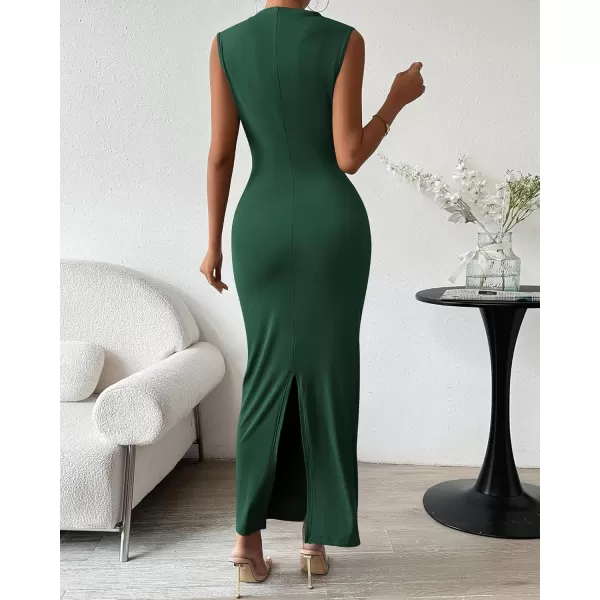 BTFBM Womens Ruched Bodycon Dress Summer Casual Sleeveless Back Slit Elegant Club Evening Party Cocktail Maxi DressesSolid Dark Green