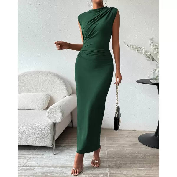 BTFBM Womens Ruched Bodycon Dress Summer Casual Sleeveless Back Slit Elegant Club Evening Party Cocktail Maxi DressesSolid Dark Green