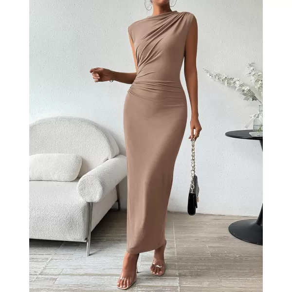 BTFBM Womens Ruched Bodycon Dress Summer Casual Sleeveless Back Slit Elegant Club Evening Party Cocktail Maxi DressesSolid Khaki