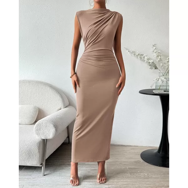BTFBM Womens Ruched Bodycon Dress Summer Casual Sleeveless Back Slit Elegant Club Evening Party Cocktail Maxi DressesSolid Khaki