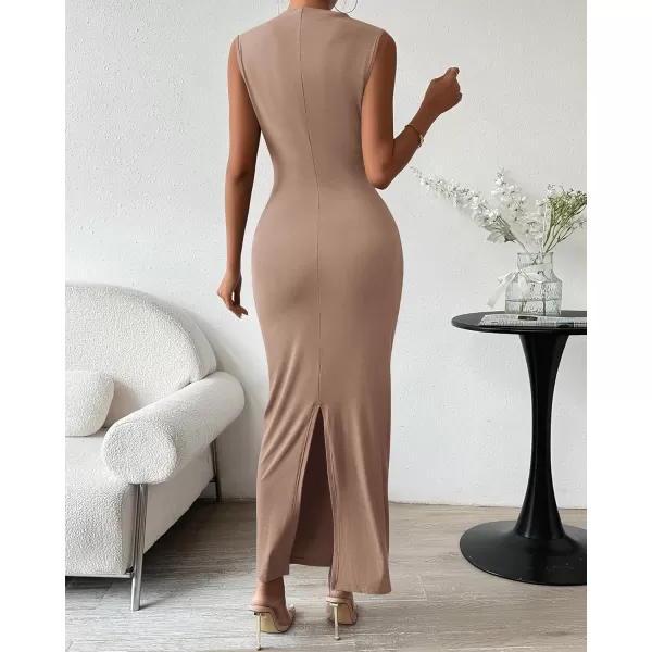 BTFBM Womens Ruched Bodycon Dress Summer Casual Sleeveless Back Slit Elegant Club Evening Party Cocktail Maxi DressesSolid Khaki
