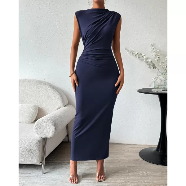 BTFBM Womens Ruched Bodycon Dress Summer Casual Sleeveless Back Slit Elegant Club Evening Party Cocktail Maxi DressesSolid Navy