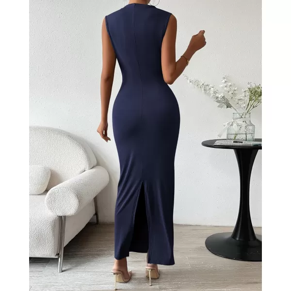 BTFBM Womens Ruched Bodycon Dress Summer Casual Sleeveless Back Slit Elegant Club Evening Party Cocktail Maxi DressesSolid Navy