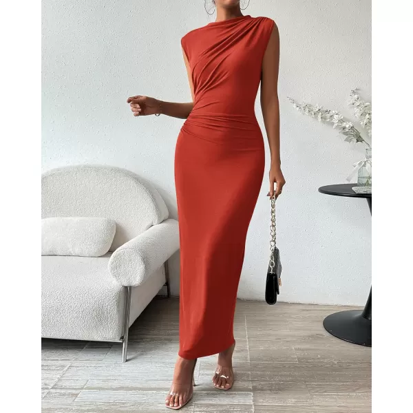 BTFBM Womens Ruched Bodycon Dress Summer Casual Sleeveless Back Slit Elegant Club Evening Party Cocktail Maxi DressesSolid Orange Red