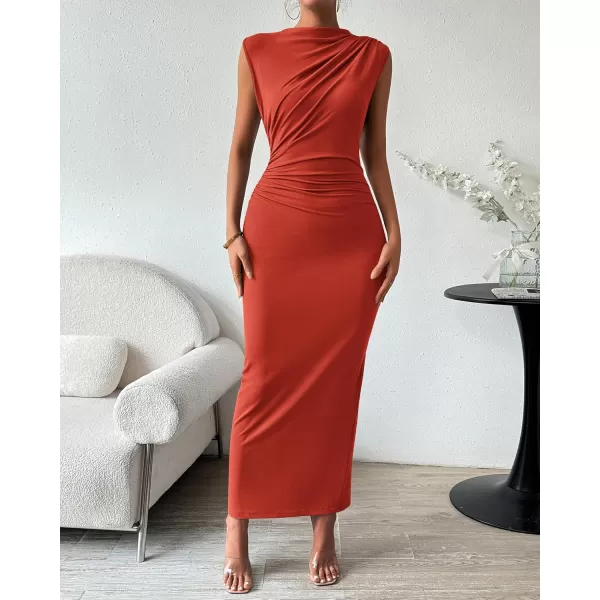BTFBM Womens Ruched Bodycon Dress Summer Casual Sleeveless Back Slit Elegant Club Evening Party Cocktail Maxi DressesSolid Orange Red