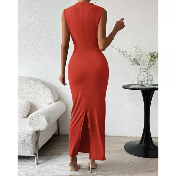 BTFBM Womens Ruched Bodycon Dress Summer Casual Sleeveless Back Slit Elegant Club Evening Party Cocktail Maxi DressesSolid Orange Red