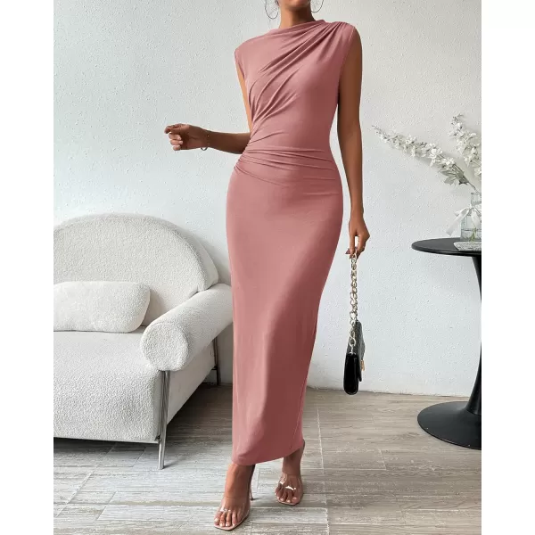 BTFBM Womens Ruched Bodycon Dress Summer Casual Sleeveless Back Slit Elegant Club Evening Party Cocktail Maxi DressesSolid Pink