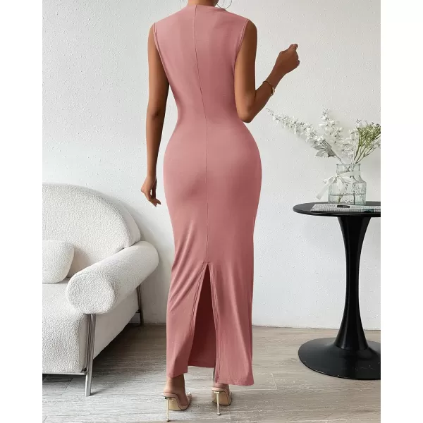 BTFBM Womens Ruched Bodycon Dress Summer Casual Sleeveless Back Slit Elegant Club Evening Party Cocktail Maxi DressesSolid Pink