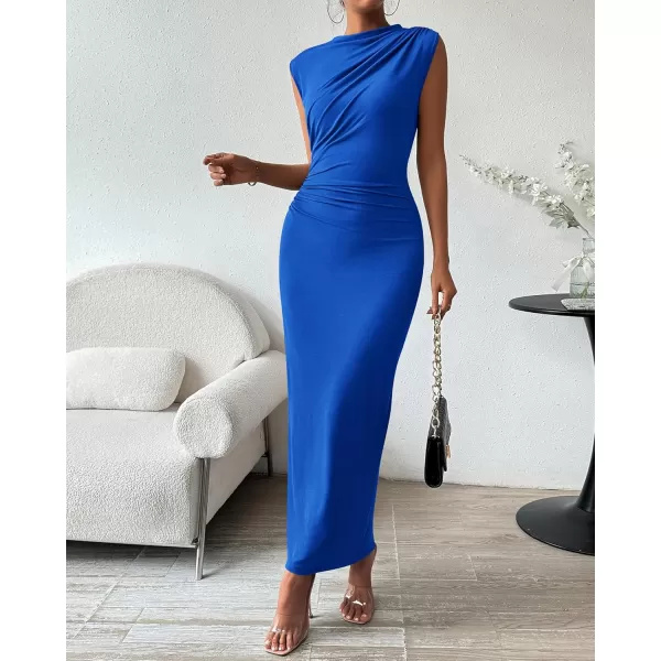 BTFBM Womens Ruched Bodycon Dress Summer Casual Sleeveless Back Slit Elegant Club Evening Party Cocktail Maxi DressesSolid Royal Blue