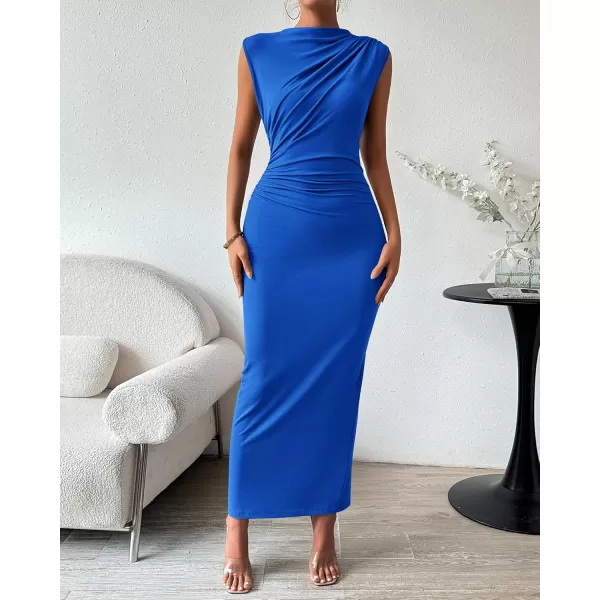 BTFBM Womens Ruched Bodycon Dress Summer Casual Sleeveless Back Slit Elegant Club Evening Party Cocktail Maxi DressesSolid Royal Blue