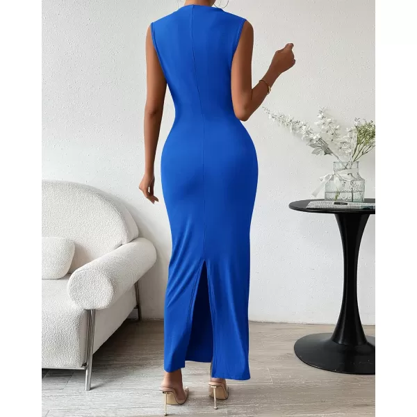 BTFBM Womens Ruched Bodycon Dress Summer Casual Sleeveless Back Slit Elegant Club Evening Party Cocktail Maxi DressesSolid Royal Blue