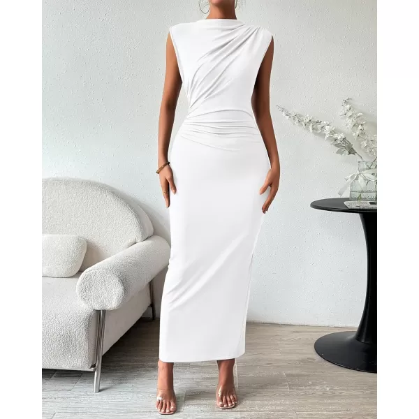 BTFBM Womens Ruched Bodycon Dress Summer Casual Sleeveless Back Slit Elegant Club Evening Party Cocktail Maxi DressesSolid White