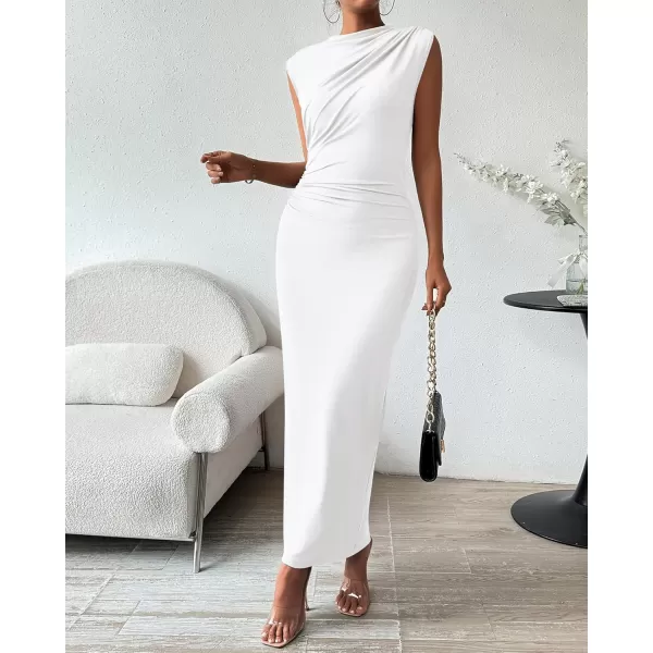 BTFBM Womens Ruched Bodycon Dress Summer Casual Sleeveless Back Slit Elegant Club Evening Party Cocktail Maxi DressesSolid White