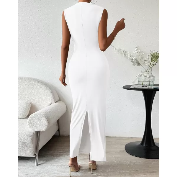 BTFBM Womens Ruched Bodycon Dress Summer Casual Sleeveless Back Slit Elegant Club Evening Party Cocktail Maxi DressesSolid White