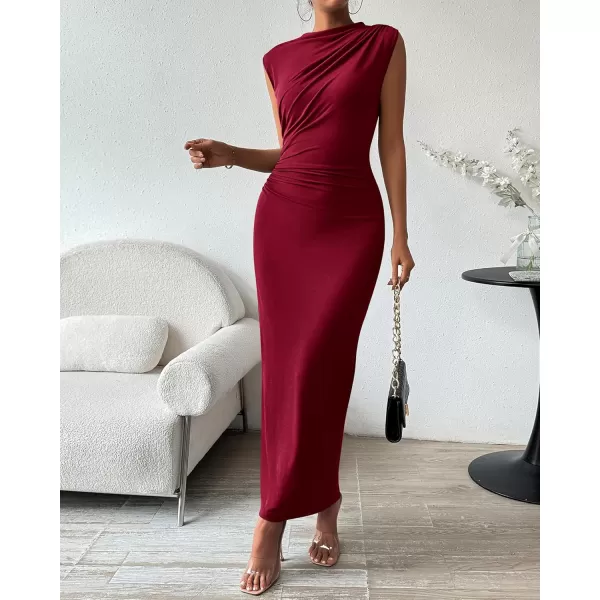 BTFBM Womens Ruched Bodycon Dress Summer Casual Sleeveless Back Slit Elegant Club Evening Party Cocktail Maxi DressesSolid Wine Red
