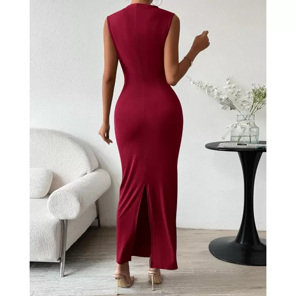 BTFBM Womens Ruched Bodycon Dress Summer Casual Sleeveless Back Slit Elegant Club Evening Party Cocktail Maxi DressesSolid Wine Red