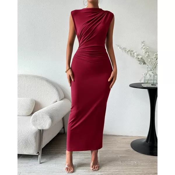 BTFBM Womens Ruched Bodycon Dress Summer Casual Sleeveless Back Slit Elegant Club Evening Party Cocktail Maxi DressesSolid Wine Red