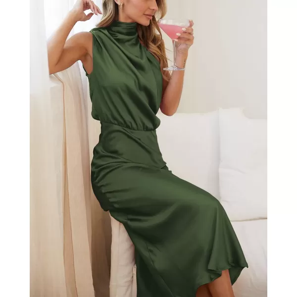 BTFBM Womens Sleeveless Cocktail Dresses Mock Neck Keyhole Elastic High Waist Wedding Guest Evening Party Maxi DressSolid Army Green