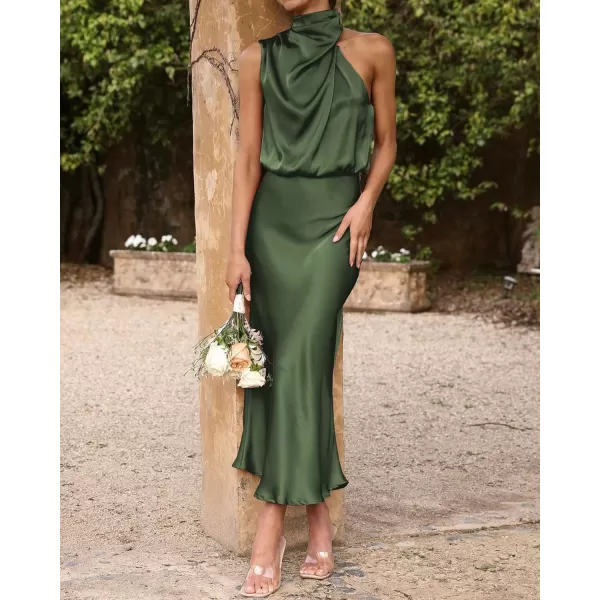 BTFBM Womens Sleeveless Cocktail Dresses Mock Neck Keyhole Elastic High Waist Wedding Guest Evening Party Maxi DressSolid Army Green