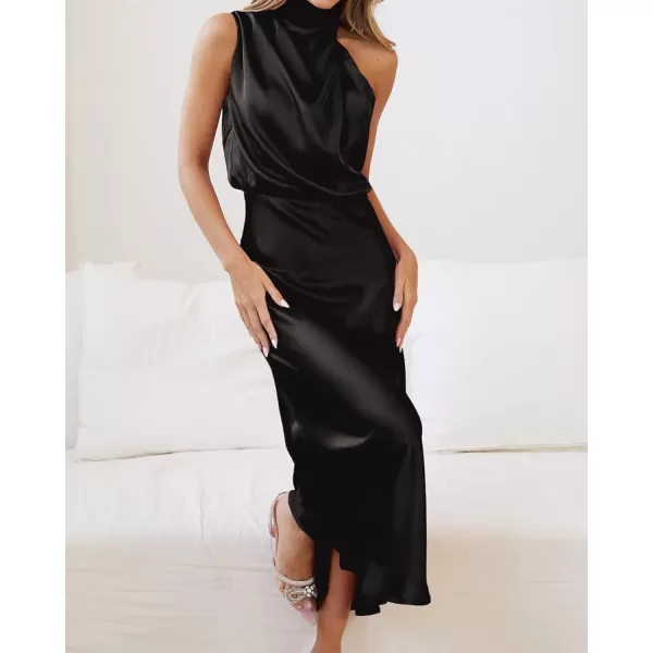 BTFBM Womens Sleeveless Cocktail Dresses Mock Neck Keyhole Elastic High Waist Wedding Guest Evening Party Maxi DressSolid Black