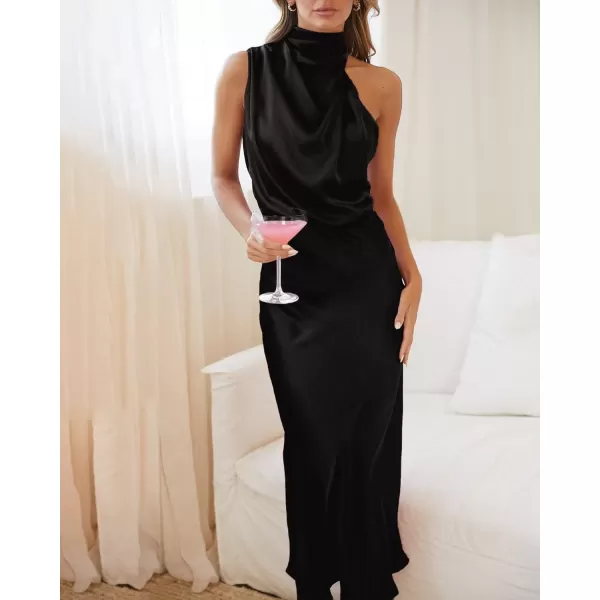 BTFBM Womens Sleeveless Cocktail Dresses Mock Neck Keyhole Elastic High Waist Wedding Guest Evening Party Maxi DressSolid Black