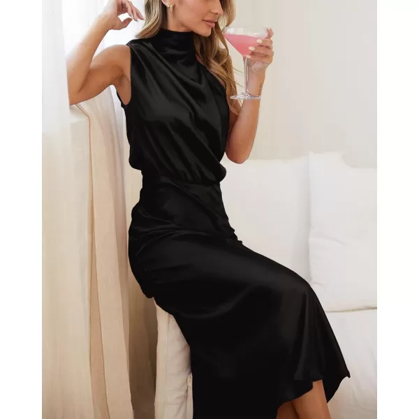 BTFBM Womens Sleeveless Cocktail Dresses Mock Neck Keyhole Elastic High Waist Wedding Guest Evening Party Maxi DressSolid Black