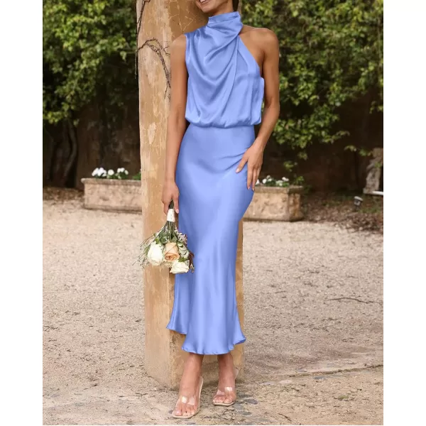 BTFBM Womens Sleeveless Cocktail Dresses Mock Neck Keyhole Elastic High Waist Wedding Guest Evening Party Maxi DressSolid Blue