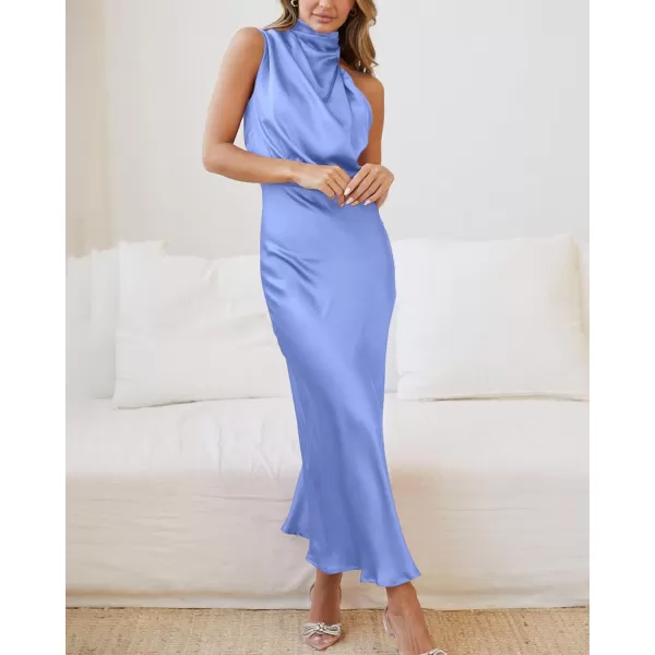 BTFBM Womens Sleeveless Cocktail Dresses Mock Neck Keyhole Elastic High Waist Wedding Guest Evening Party Maxi DressSolid Blue