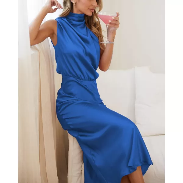 BTFBM Womens Sleeveless Cocktail Dresses Mock Neck Keyhole Elastic High Waist Wedding Guest Evening Party Maxi DressSolid Brilliant Blue