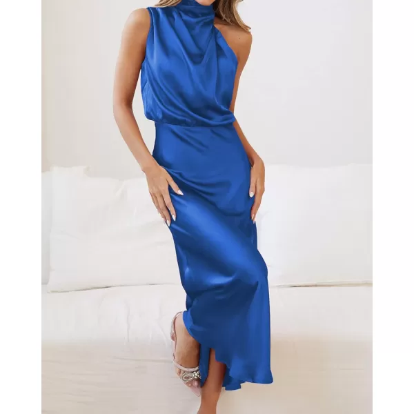 BTFBM Womens Sleeveless Cocktail Dresses Mock Neck Keyhole Elastic High Waist Wedding Guest Evening Party Maxi DressSolid Brilliant Blue