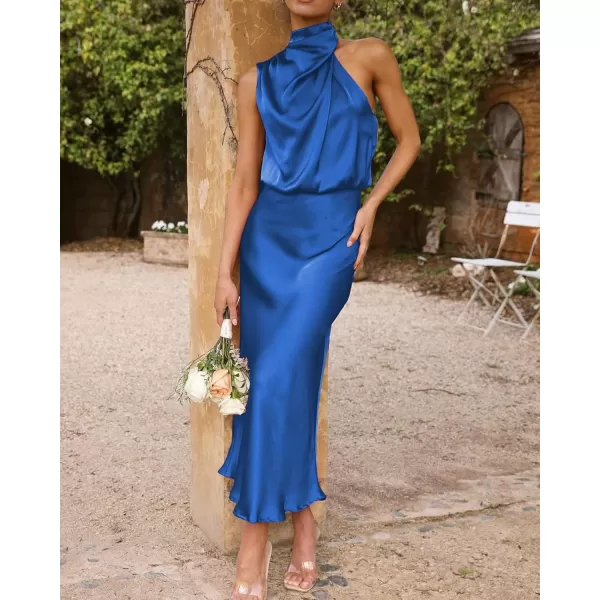 BTFBM Womens Sleeveless Cocktail Dresses Mock Neck Keyhole Elastic High Waist Wedding Guest Evening Party Maxi DressSolid Brilliant Blue