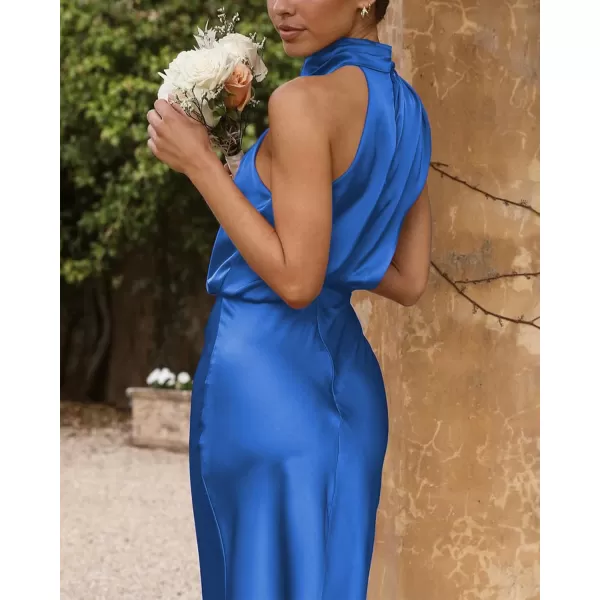 BTFBM Womens Sleeveless Cocktail Dresses Mock Neck Keyhole Elastic High Waist Wedding Guest Evening Party Maxi DressSolid Brilliant Blue