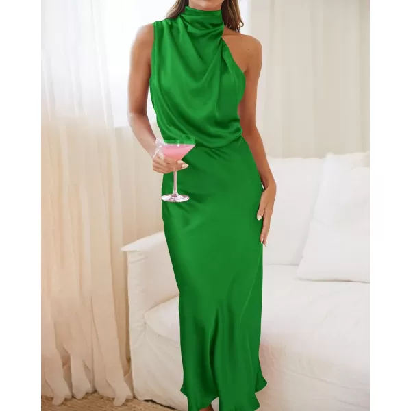 BTFBM Womens Sleeveless Cocktail Dresses Mock Neck Keyhole Elastic High Waist Wedding Guest Evening Party Maxi DressSolid Brilliant Green