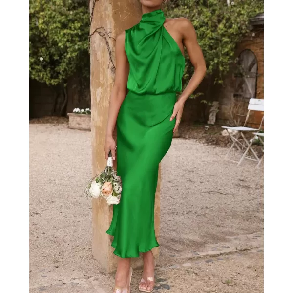BTFBM Womens Sleeveless Cocktail Dresses Mock Neck Keyhole Elastic High Waist Wedding Guest Evening Party Maxi DressSolid Brilliant Green