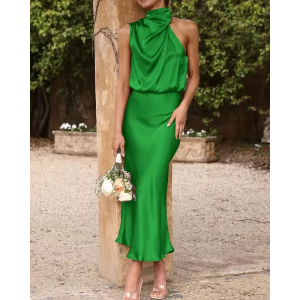 BTFBM Womens Sleeveless Cocktail Dresses Mock Neck Keyhole Elastic High Waist Wedding Guest Evening Party Maxi DressSolid Brilliant Green