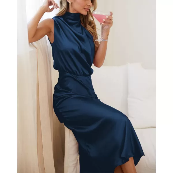 BTFBM Womens Sleeveless Cocktail Dresses Mock Neck Keyhole Elastic High Waist Wedding Guest Evening Party Maxi DressSolid Dark Blue