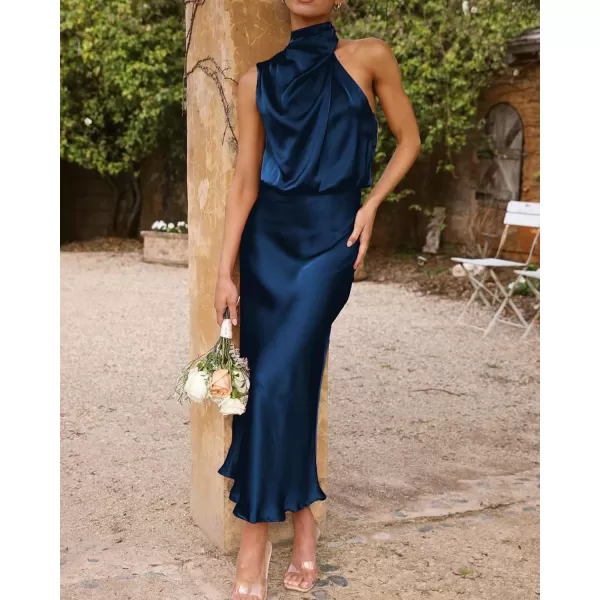 BTFBM Womens Sleeveless Cocktail Dresses Mock Neck Keyhole Elastic High Waist Wedding Guest Evening Party Maxi DressSolid Dark Blue