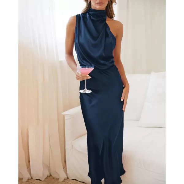 BTFBM Womens Sleeveless Cocktail Dresses Mock Neck Keyhole Elastic High Waist Wedding Guest Evening Party Maxi DressSolid Dark Blue