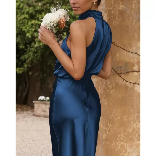 BTFBM Womens Sleeveless Cocktail Dresses Mock Neck Keyhole Elastic High Waist Wedding Guest Evening Party Maxi DressSolid Dark Blue