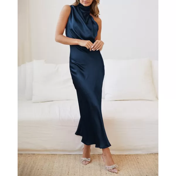BTFBM Womens Sleeveless Cocktail Dresses Mock Neck Keyhole Elastic High Waist Wedding Guest Evening Party Maxi DressSolid Dark Blue