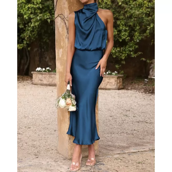 BTFBM Womens Sleeveless Cocktail Dresses Mock Neck Keyhole Elastic High Waist Wedding Guest Evening Party Maxi DressSolid Dark Blue
